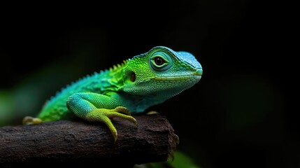 Vibrant green and teal lizard perched on a dark branch