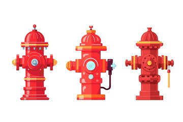 Three red fire hydrants with a white background