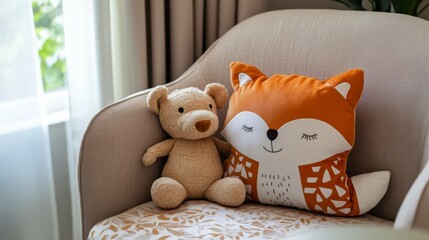 Cozy corner with soft toys and decorative pillow in a bright living room