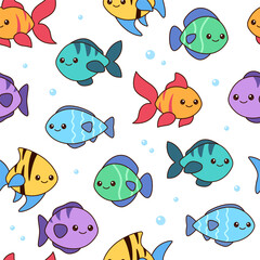 Kawaii fishes seamless pattern, background. Simple cute cartoon drawings