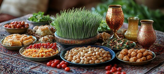 Festive Table with Traditional Dishes, Fresh Herbs, and Clay Jars

