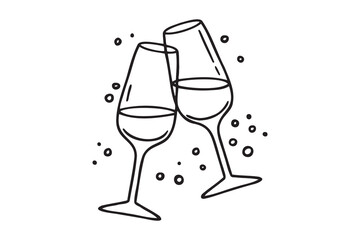 Two glasses wine or champagne doodle outline hand drawn icon. Cheers with alcohol drink and cocktail sign. Champagne glasses make cheers. Element for celebration, party, holiday