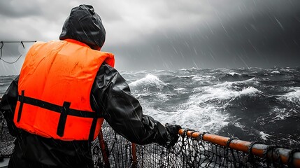 Neon orange life vest fisherman greyscale stormy sea backdrop