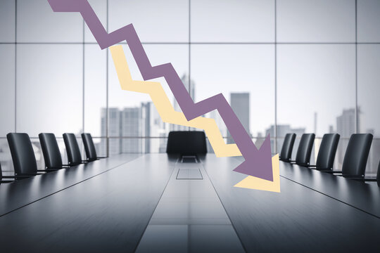 Empty conference table with chairs, city view, and superimposed downward trending arrow graphic, symbolizing business decline or economic downturn, suitable for financial or business presentations
