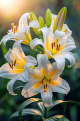Fototapeta premium Elegant white lilies with soft yellow accents bloom in warm sunlight, their delicate petals and vibrant stamens glowing against a rich green backdrop.