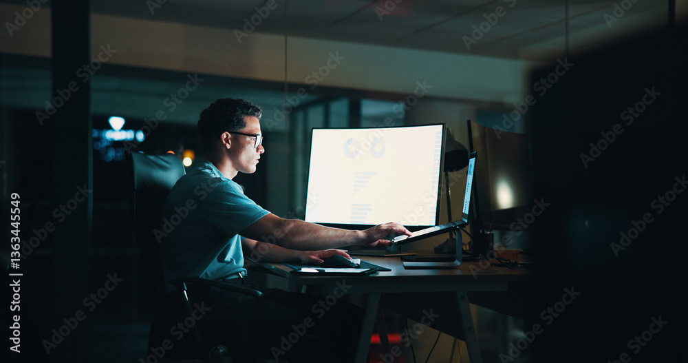 Leinwandbilder Business, man and computer screen with laptop in office for trading algorithms, data analysis and growth charts. Night, employee and stats graph for investment revenue and financial report deadline