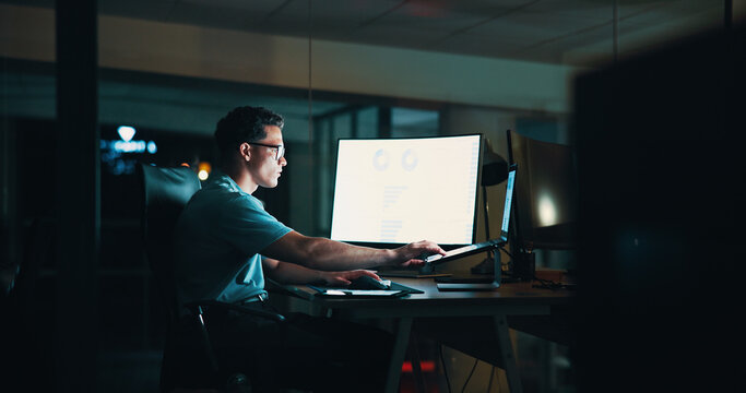 Business, man and computer screen with laptop in office for trading algorithms, data analysis and growth charts. Night, employee and stats graph for investment revenue and financial report deadline