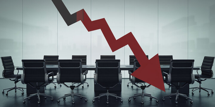 Empty conference room with black chairs around table, large red downward arrow on wall, showcasing business decline concept