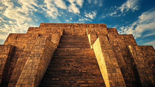 Stunning ancient pyramid structure under a vibrant sky with clouds at sunset showcasing intricate stonework