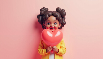 Happy child with heart-shaped balloon on pink background, joyfulness