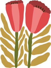Abstract Groovy Modern Flowers and Leaves, scandinavian stily, flat illustration.