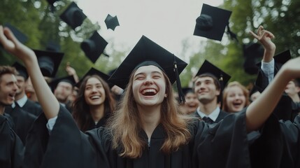Obraz premium Joyful young caucasian female graduate celebrating with friends outdoors