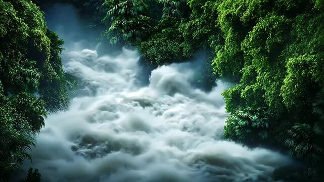 A ferocious flood cuts through the heart of a jungle, uprooting foliage and carrying nature&rsquo;s remnants downstream in an unstoppable torrent of water.