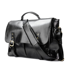 Glossy black leather bag isolated on white background, perfect for leather product catalog design