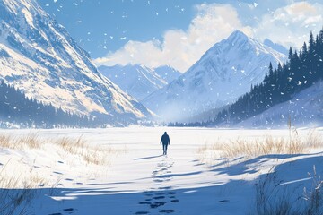 Person Walking Through Snowy Mountain Valley Landscape in Winter Scenery