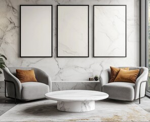 Modern living room with grey armchairs, marble wall, and round coffee table.