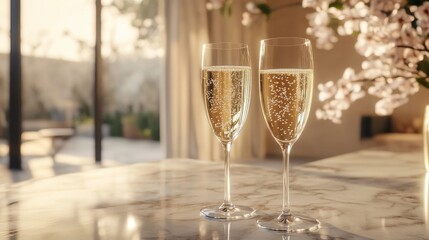 Two champagne flutes sparkling bathed in warm sunlight near blossoming branches