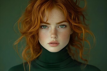 portret, dziewczynka, rude włosy, piegi, intensywne spojrzenie, zielone oczy, pastelowe tło, minimalistyczna estetyka, subtelne oświetlenie, modowa fotografia dziecięca, hiperrealizm, profesjonalna fo