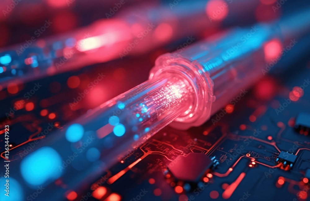 Poster Red optical fibers convey data representing high-speed internet connectivity. Glowing network technology, cyberspace, data transfer, digital communication, modern innovation. Ideal for, telecom,