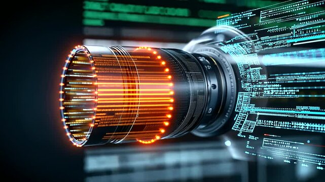 A futuristic fighter jet engine with an AI-powered interface, highlighting extreme precision, real-time performance monitoring, and advanced flight analytics.