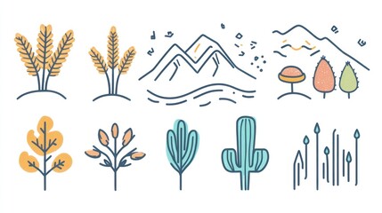 Illustrated desert plants and mountains in linear style for nature design