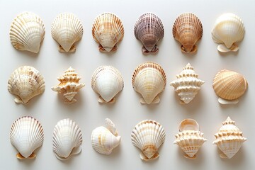 A collection of sixteen seashells arranged in a grid pattern on a beige background.