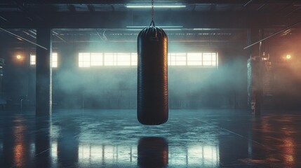Empty Boxing Gym with Hanging Punching Bag and Moody Lighting