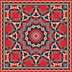 Bandana with red-blue-beige ornament. Mandala, round decorative element, design for neckerchief or other. Vector illustration
