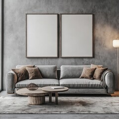 Modern living room with grey sofa, two frames, and wooden coffee table.