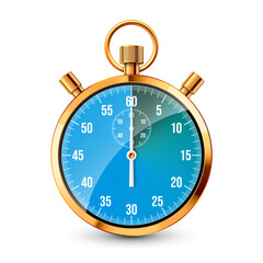 Realistic classic stopwatch. Shiny golden metal chronometer, time counter with dial. Blue countdown timer showing minutes and seconds. Time measurement for sport, start, finish. Vector illustration