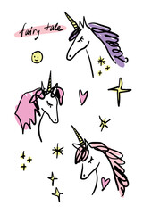Vector and jpg unicorns bundle set image, girl princess clipart, editable isolated details. Unicorn head face funny pop art, baby stylish Illustration, unique print for posters, cards, mugs, clothes