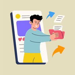 A man happily shares files from his phone screen into the digital world