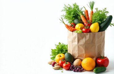 Paper bag filled healthy vegan food, various fresh fruits vegetables on white. Shopping concept, groceries, market produce, organic eating, fresh, diet, vegan, vegetarian background.