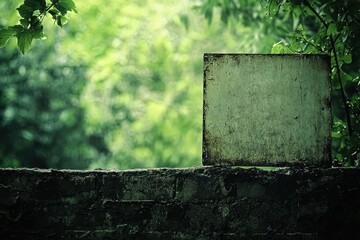 Weathered metal sign rests on an old brick wall, set against a blurred backdrop of lush green foliage.