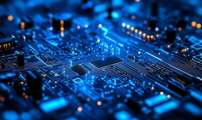 
High-tech circuit board background, abstract digital technology presentations, electronic components, digital infrastructure, blue tech theme, modern electronics evolution expansion background