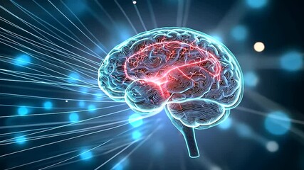 An ethereal glowing brain emerging from a quantum chip, with holographic information streams forming neural pathways, depicting the next era of AI development.