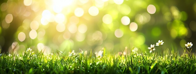 Obraz premium Sunlit meadow with blooming flowers and soft bokeh background.