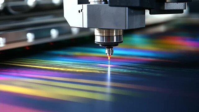 Close-up of a high-tech DTF printer ejecting vibrant ink droplets onto fabric, creating a stunning multicolored textile design with exceptional precision.