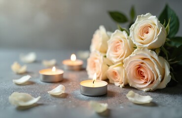 Elegant composition featuring white roses, petals, burning candles on textured gray surface. Sympathy, condolence concept. Peaceful, serene atmosphere. Suitable for memorial, grief, loss,
