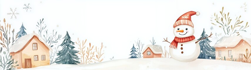 Fototapeta premium Cheerful snowman in a winter landscape with charming cottages and evergreen trees.