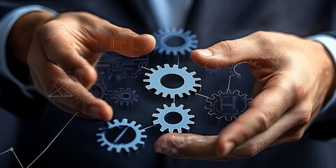 
Automation of business or robotic process RPA technology. Transfer of data between application. Businessman touching gears icon on network

