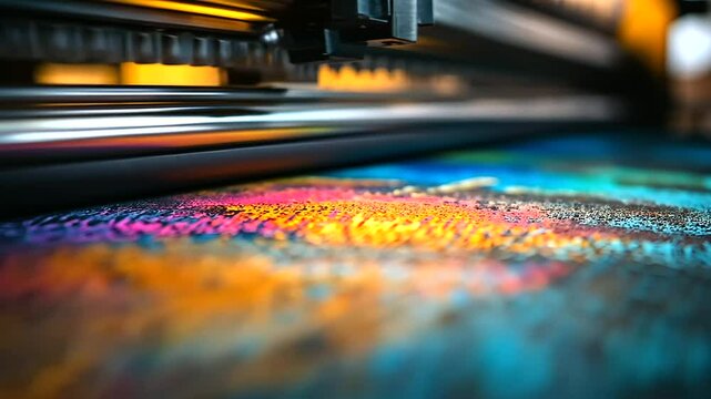 Close-up of a textile emerging from a DTF printer, displaying intricate patterns with ultra-fine detail and a rich color spectrum.