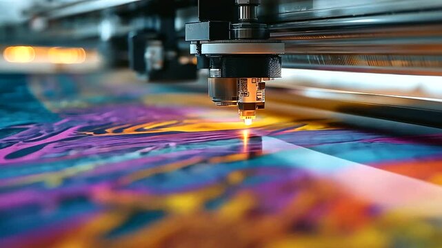 High-resolution close-up of a DTF printer's printhead precisely transferring colorful ink onto a textile surface, capturing the fine details of the design.