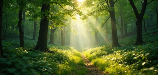 Obraz premium Sunlit forest path leads into sunlight rays through green foliage. Tall trees, fresh leaf, green grass create calm, peaceful atmosphere. Natural environment for nature, eco travel or weekend walk.
