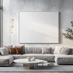Modern living room with large blank canvas, sectional sofa, and coffee table.