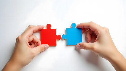 Hands about to join a red and blue jigsaw puzzle piece together. Concept for teamwork, solutions, collaboration and business strategy.