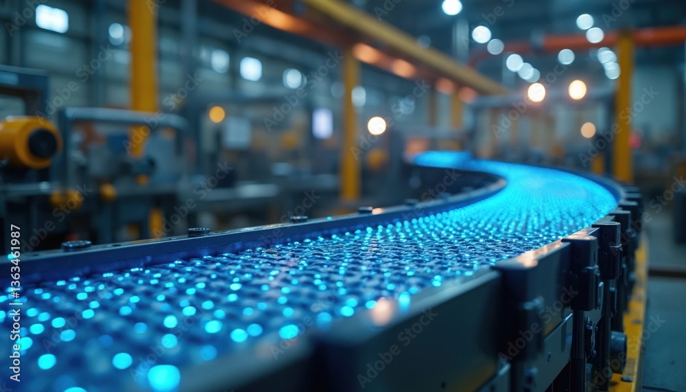 Fototapete AI model analyzing conveyor belt, predicting wear patterns. Smart industrial automation technology, process optimization. Efficient maintenance, diagnostic, automation, dependability. AI-driven