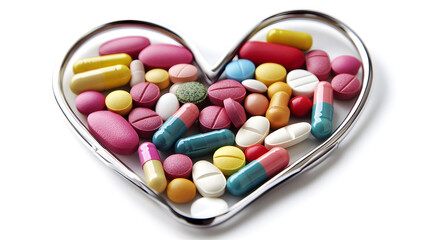 Colorful pills and capsules arranged in a heart-shaped dish on a white background. Concept for heart health, medication, vitamins, and pharmaceuticals. 