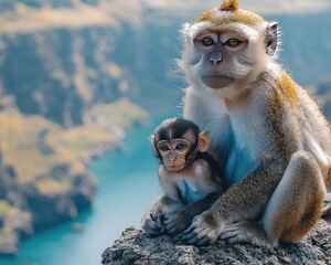Obraz premium A serene moment of a mother monkey and her baby sitting on a rocky ledge by a tranquil river