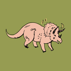 Funny pink doodle cute dinosaur. Little girl triceratops, moon and stars. Baby stylish art, nursery wallpaper element, kids room or clothing print decor. Vector illustration clipart.